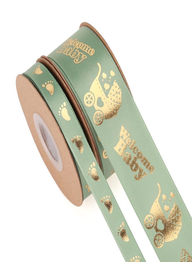 Meseey 2 Rolls Total 20 Yards Welcome Baby Ribbon Sage Green and Gold Foot Print Ribbons for Crafts Cake Baby Shower Birthday,Gift Wrapping, Party Decoration (sage Green) - Image 1